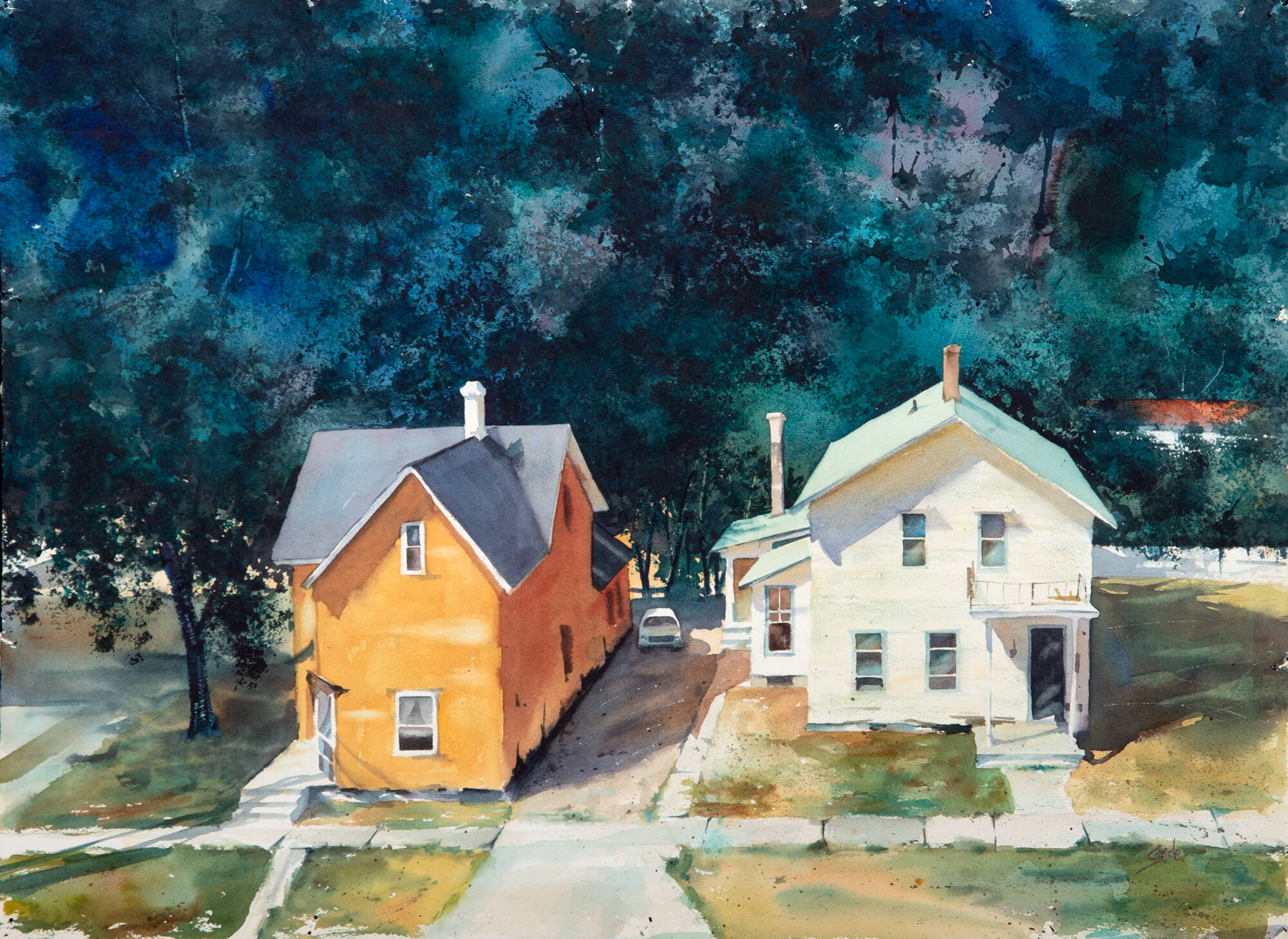 Two farm houses with trees in the background; one house is tan and the other white with a driveway between them.